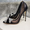 MiKlahFashion high heel shoe Black 12cm Heel / 3 Pearls Bow Mesh High Heels