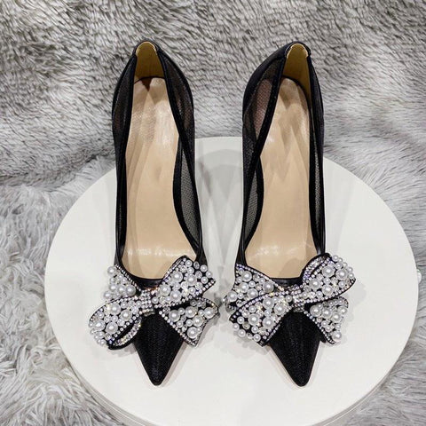MiKlahFashion high heel shoe Black 8cm Heel / 3 Pearls Bow Mesh High Heels