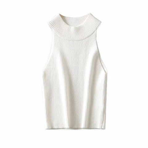 MiKlahFashion Women - Apparel - Top- T-shirt White / M Aproms Vintage High Neck Ribbed Knitted Tank Tops Female Summer Casual White Solid Stretch Crop Top for Women Clothing 2020
